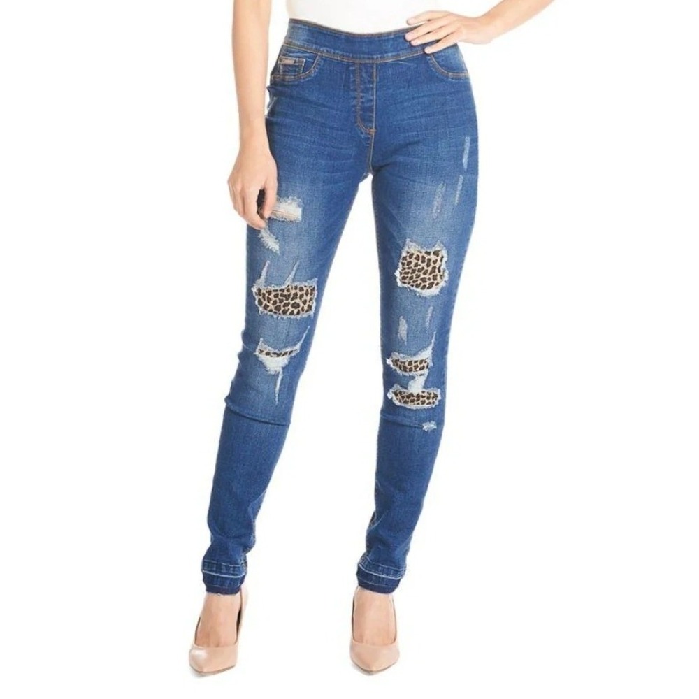 Coco+Carmen OMG Jeans Womens L Leopard Patch Distressed Pull On Raw Hem Stretch